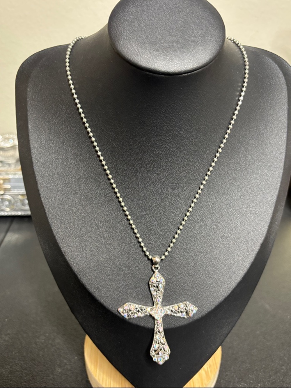 Premier Designs Aurora Borealis Rhinestone Large Cross Ball Necklace